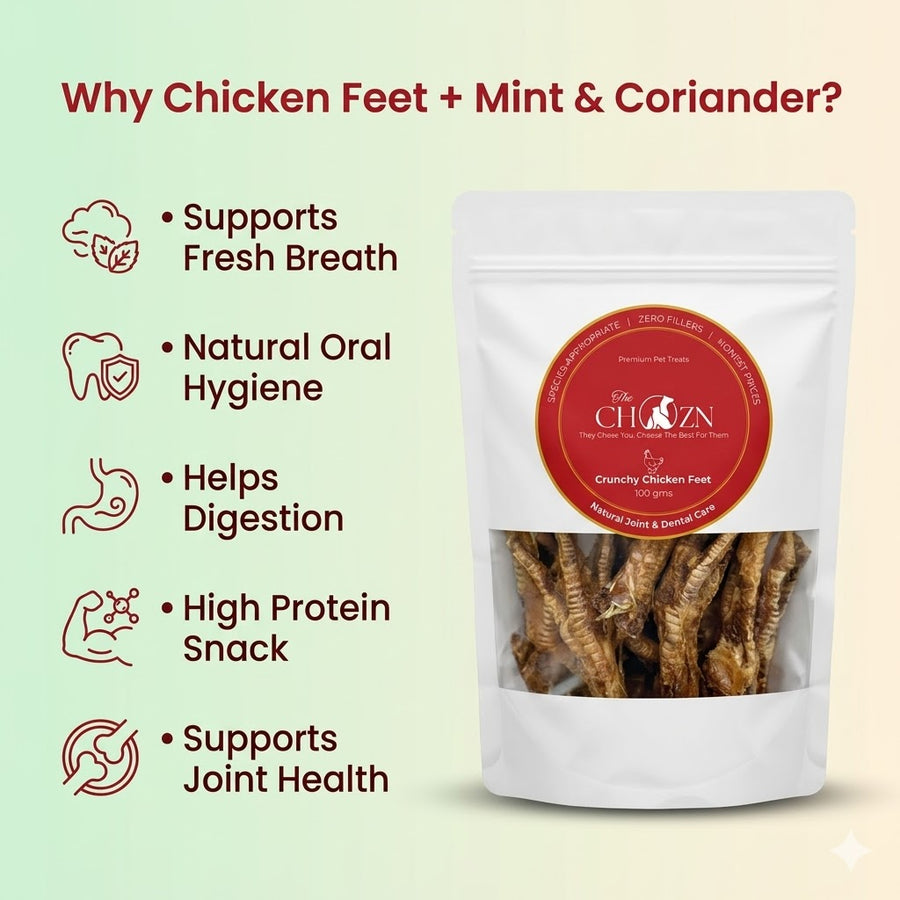 Dehydrated Chicken Feet for Dogs with Mint & Coriander | Natural Joint & Dental Treat | The Chozn