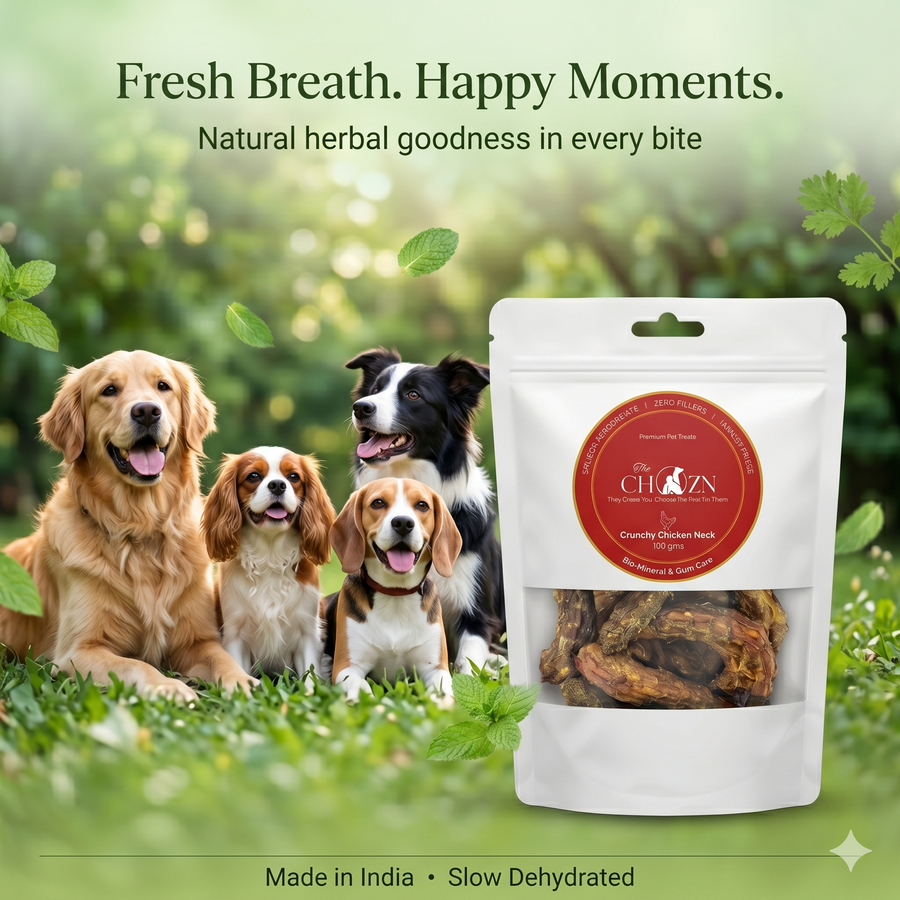 Dehydrated Chicken Neck with Mint & Coriander for Dogs | Calcium & Antioxidant Rich Natural Treats| The Chozn