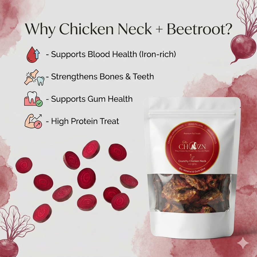 Dehydrated Chicken Neck with Beetroot for Dogs | Natural Calcium Rich & Dental Care Treats | The Chozn
