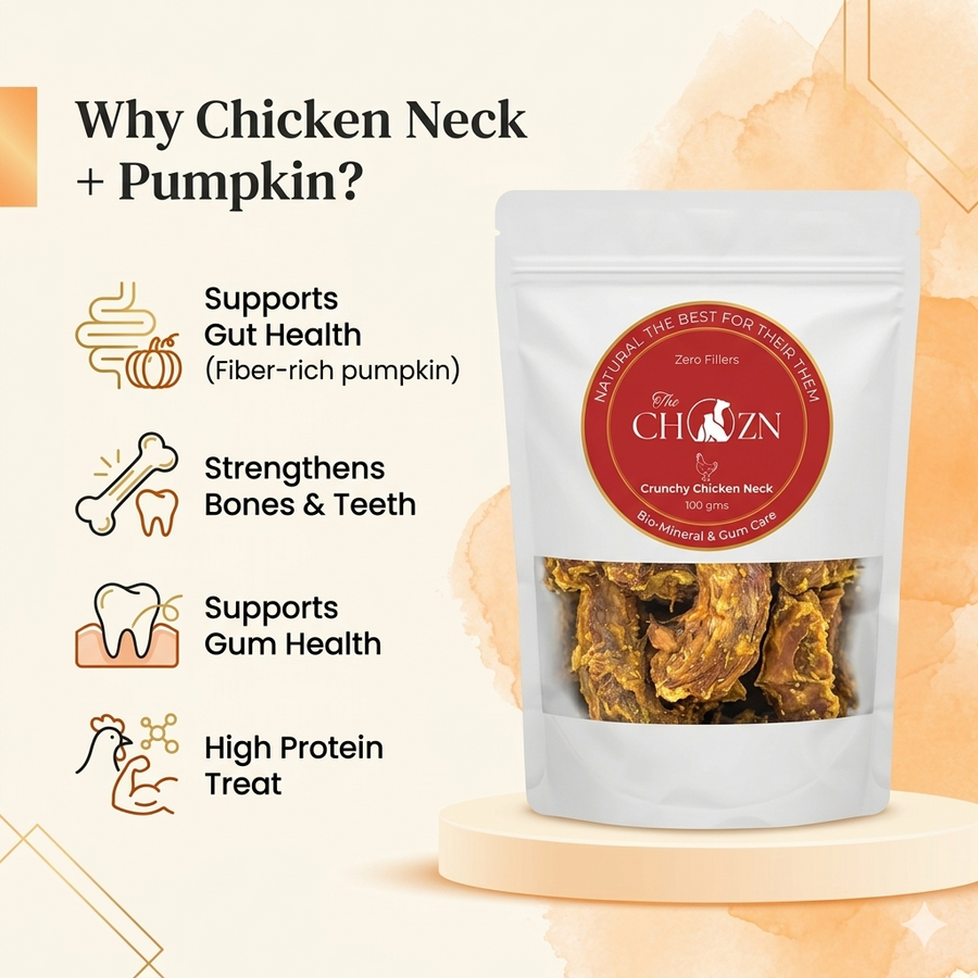 Dehydrated Chicken Neck with Pumpkin for Dogs | Natural Calcium Rich & Digestive Care Treats | The Chozn