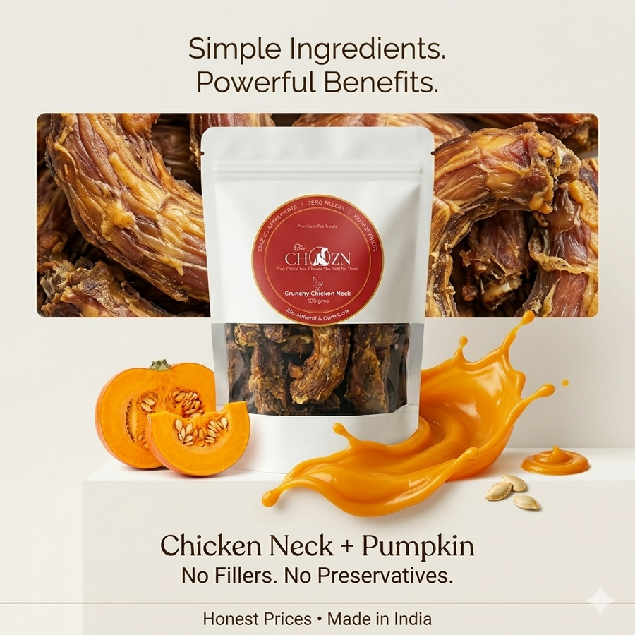 Dehydrated Chicken Neck with Pumpkin for Dogs | Natural Calcium Rich & Digestive Care Treats | The Chozn