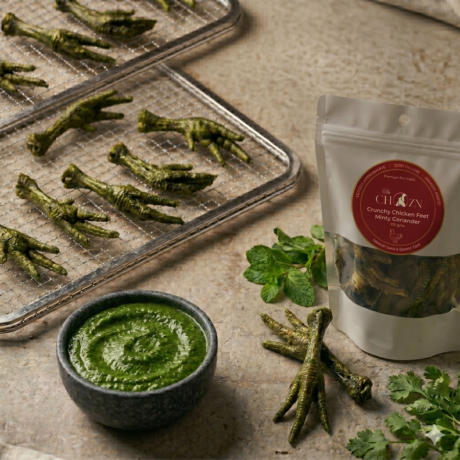 Dehydrated Chicken Feet for Dogs with Mint & Coriander | Natural Joint & Dental Treat | The Chozn